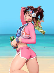 Rule 34 | 1girl, ;), alternate hairstyle, artist name, ass, beach, blue sky, bracelet, breasts, brown eyes, brown hair, can, commentary, d.va (overwatch), day, earrings, english commentary, eyewear on head, facepaint, facial mark, finger on trigger, fingernails, flower, grin, hair flower, hair ornament, heart, heart-shaped eyewear, holding, holding water gun, horizon, jewelry, lips, long fingernails, looking at viewer, midriff, nail polish, nano cola, ocean, official alternate costume, one eye closed, outdoors, overwatch, overwatch 1, paid reward available, parted hair, pink nails, pink shorts, ponytail, sand, shore, short shorts, shorts, signature, sky, smile, solo, standing, summer, sunglasses, swept bangs, vashperado, water, water gun, waveracer d.va, whisker markings, white flower