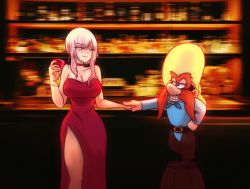 Rule 34 | 1boy, 1girl, alcohol, bar (place), barrel, breasts, choker, cleavage, cowboy hat, cup, dress, drinking glass, facial hair, grin, hat, height difference, highres, hololive, hololive english, holykoshi, large breasts, looney tunes, mori calliope, mustache, orange hair, pink eyes, pink hair, red choker, red dress, side slit, sidelocks, smile, strapless, virtual youtuber, wine, wine glass, yosemite sam