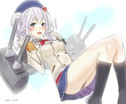 Rule 34 | 10s, 1girl, 2015, ama mitsuki, blue eyes, breasts, dated, gloves, hat, kantai collection, kashima (kancolle), long hair, medium breasts, silver hair, skirt, smile, solo, turret, twintails, uniform, wavy hair