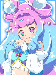 Rule 34 | 1girl, aura, blue background, blue hair, blue nails, crop top, cure la mer, eyelash ornament, florence temporary, heart, heart in eye, highres, laura la mer, lips, magical girl, multicolored eyes, nail polish, navel, pearl hair ornament, pink hair, precure, smile, solo, sparkle, symbol in eye, thick eyelashes, tropical-rouge! precure, upper body, white background, white sleeves