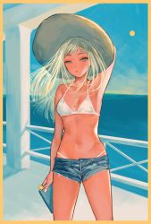 Rule 34 | 1girl, arm up, bare arms, bare shoulders, bikini, bikini under clothes, blonde hair, blue eyes, blue shorts, blue sky, book, breasts, brown hat, closed mouth, cloud, collarbone, commentary request, day, denim, denim shorts, hat, highres, holding, holding book, horizon, long hair, looking at viewer, miyako (xxxbibit), navel, ocean, original, outdoors, short shorts, shorts, sky, small breasts, solo, sun, sun hat, swimsuit, tan, white bikini
