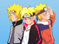 Rule 34 | 3boys, ahoge, artist request, blonde hair, blue background, boruto: the movie, fishnets, forehead protector, jacket, jewelry, looking at viewer, male focus, multiple boys, namikaze minato, naruto (series), naruto shippuuden, necklace, open clothes, open jacket, pout, smile, spiked hair, time paradox, uzumaki boruto, uzumaki naruto, v-neck, whiskers