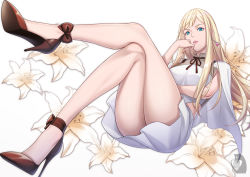 Rule 34 | 1girl, blonde hair, blue eyes, bow, brown bow, brown footwear, capelet, clothing cutout, crossed legs, dress, earrings, flower, gigi andalusia, gundam, gundam hathaway&#039;s flash, hand on own cheek, hand on own face, high heels, highres, jewelry, legs, lily (flower), lips, lipstick, long hair, makeup, parted bangs, parted lips, pumps, shoes, side cutout, signature, solo, stiletto heels, thighs, triangle earrings, white capelet, white dress, zaregoto tsukai no deshi