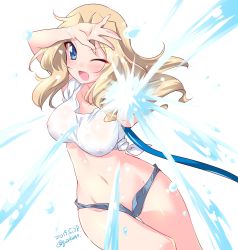 Rule 34 | 1girl, ;d, blonde hair, blue eyes, blue shorts, blush, breasts, commentary, covered erect nipples, dated, denim, denim shorts, dutch angle, girls und panzer, gluteal fold, groin, hair intakes, hand on headphones, highres, holding, holding hose, hose, kay (girls und panzer), kuzuryuu kennosuke, large breasts, long hair, looking at viewer, micro shorts, navel, no bra, one-hour drawing challenge, one eye closed, open mouth, see-through, shirt, shorts, smile, solo, standing, t-shirt, thigh gap, thighs, tied shirt, twitter username, water, water drop, white shirt