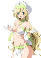 Rule 34 | 1girl, blonde hair, blue eyes, blush, breasts, detached sleeves, earrings, gloves, hat, highres, jewelry, loincloth, long hair, looking at viewer, midriff, navel, open mouth, original, shin&#039;ya (shin&#039;yanchi), simple background, solo, thong, very long hair, white background