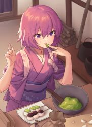 Rule 34 | 1girl, bad link, blurry, blush, bowl, chorefuji, commentary request, cutting board, eating, food request, hands up, highres, indoors, japanese clothes, kimono, licking, medium hair, original, plate, pouch, purple eyes, purple hair, purple kimono, purple sash, sash, short sleeves, skewer, smile, solo, tongue, tongue out
