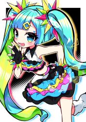 Rule 34 | 1girl, aqua hair, bare shoulders, black gloves, black skirt, blue eyes, blunt bangs, blush, bracelet, catch the wave (vocaloid), commentary, feet out of frame, fingerless gloves, gloves, hair ornament, hairclip, hand on own hip, hand up, hatsune miku, highres, jewelry, kasaki sakura, layered skirt, leaning forward, leg up, looking at viewer, multicolored hair, nail polish, open mouth, pink nails, skirt, smile, solo, standing, two-tone hair, vocaloid, waving