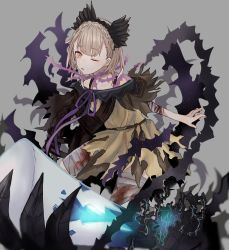 Rule 34 | 1girl, :o, akitama2727, bandages, bare shoulders, blonde hair, blood, bloody bandages, braid, briar rose (sinoalice), disembodied hand, dress, grey background, hair between eyes, hair ornament, headband, highres, looking at viewer, nightgown, one eye closed, open mouth, pajamas, short hair, short sleeves, simple background, sinoalice, solo, thorns, torn clothes, torn dress, yellow dress, yellow eyes