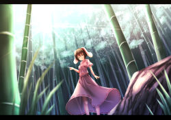 Rule 34 | 1girl, absurdres, animal ears, bad id, bad pixiv id, bamboo, bamboo forest, brown hair, rabbit ears, forest, from below, highres, inaba tewi, letterboxed, light rays, nature, pointing, red eyes, rerrere, short hair, solo, sunbeam, sunlight, touhou