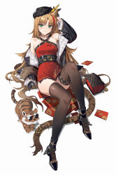 Rule 34 | 1girl, absurdres, animal ears, arknights, bag, belt, beret, black belt, black footwear, black hat, black thighhighs, blush, brown hair, commentary request, covered navel, dress, green eyes, handbag, hat, highres, long hair, looking at viewer, official alternate costume, red dress, shoes, short dress, simple background, sleeveless, sleeveless dress, solo, swire (arknights), swire (honor and splendor) (arknights), tail, thighhighs, tiger, tiger ears, tiger tail, very long hair, white background, zhoi star