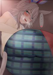 Rule 34 | 1girl, absurdres, alternate costume, animal ears, ass, blue eyes, casual, checkered clothes, commentary request, grey hair, hair between eyes, heavy breathing, highres, horse ears, horse girl, horse tail, long hair, looking at viewer, matukurasouta, open mouth, solo, tail, translation request, umamusume, wonder acute (umamusume)