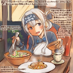 Rule 34 | 10s, 1girl, :d, ainu clothes, blue eyes, bowl, colored pencil (medium), commentary request, cup, dated, folded ponytail, hair between eyes, headband, holding, holding bowl, kamoi (kancolle), kantai collection, kirisawa juuzou, long hair, long sleeves, numbered, open mouth, salad, sitting, smile, solo, traditional media, translation request, twitter username, white hair