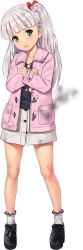 Rule 34 | 1girl, blunt bangs, clothes writing, coat, full body, jiji (aardvark), kantai collection, maestrale (kancolle), official art, pink coat, smoke, socks, solo, transparent background, white socks