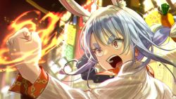 Rule 34 | 1girl, animal ear fluff, animal ears, blue hair, braid, carrot hair ornament, clenched hand, commentary, cosplay, flaming hand, food-themed hair ornament, hair ornament, highres, hikosan, hololive, jacket, kiryu kazuma, kiryu kazuma (cosplay), light, light blue hair, long hair, multicolored hair, open mouth, portrait, rabbit ears, rabbit girl, red eyes, red shirt, ryuu ga gotoku (series), ryuu ga gotoku 0, shirt, shouting, signature, solo, storefront, striped clothes, striped jacket, symbol-shaped pupils, thick eyebrows, twin braids, twintails, two-tone hair, usada pekora, vertical stripes, virtual youtuber, white hair, white jacket