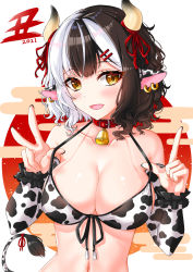 Rule 34 | 1girl, 2021, adjusting clothes, adjusting swimsuit, animal collar, animal ears, animal print, bell, bikini, black hair, black scrunchie, breasts, brown eyes, chinese zodiac, cleavage, collar, cow ears, cow girl, cow horns, cow print, cow tail, cowbell, detached sleeves, earrings, egasumi, front-tie bikini top, front-tie top, hair ornament, hairclip, highres, horn ornament, horn ribbon, horns, index finger raised, jewelry, large breasts, looking at viewer, medium hair, navel, neck bell, new year, open mouth, original, print bikini, print sleeves, red collar, ribbon, rising sun flag, scrunchie, smile, solo, sunburst, swimsuit, tail, upper body, v, white bikini, white hair, white sleeves, wrist scrunchie, year of the ox, yuito (yuitokobunasbs0)