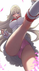 Rule 34 | 1girl, ;d, ass, blonde hair, blue eyes, blunt bangs, blurry, boots, bow, bowtie, breasts, clash kuro neko, dress, emilie de rochefort, fingerless gloves, gloves, highres, hime cut, kicking, knee boots, large breasts, legs, long hair, long sleeves, looking at viewer, motion blur, namco, one eye closed, open mouth, panties, pantyshot, pink panties, red bow, red bowtie, simple background, smile, solo, tekken, tekken 5 (dark resurrection), tekken 7, tekken 8, tekken tag tournament 2, thighs, underwear, white background, white dress, white footwear, white gloves