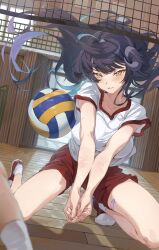 Rule 34 | 1girl, absurdres, ball, bandaid on thigh, black hair, blush, borrowed character, breasts, demon horns, dia (hong), hair on horn, highres, horns, hxxg, indoors, large breasts, long hair, multicolored hair, original, slit pupils, solo, sportswear, sweat, very long hair, volleyball, volleyball (object), volleyball net, volleyball uniform, yellow eyes