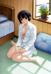 Rule 34 | 1girl, absurdres, bare legs, barefoot, bed, black eyes, black hair, bottomless, breasts, cleavage, coffee mug, cup, dress shirt, feet, hashimoto takashi, highres, ichinose mio, light, medium breasts, mug, naked shirt, no bra, no pants, on floor, open clothes, open shirt, panties, pillow, plant, potted plant, shirt, short hair, sitting, solo, underwear, wariza, white breath, window shadow