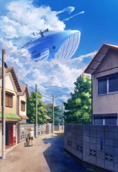 Rule 34 | 1other, aircraft, airship, ambiguous gender, bicycle, blue sky, brown shorts, building, cloud, cloudy sky, commentary request, day, door, fantasy, fjsmu, flying whale, hat, highres, house, original, outdoors, power lines, rural, scenery, shirt, shoes, shorts, sky, standing, straw hat, sunlight, tree, vending machine, whale, white shirt, wide shot