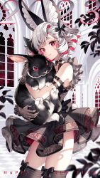 Rule 34 | 1girl, animal, arm belt, belt, black belt, black skirt, black thighhighs, checkered floor, closed mouth, curly hair, fishnet gloves, fishnets, frilled skirt, frills, gloves, happy new year, highres, holding, holding animal, indoors, looking at viewer, multicolored hair, nardack, new year, original, pink hair, rabbit, red eyes, short hair, skirt, smile, solo, thighhighs, thighs, two-tone hair, window