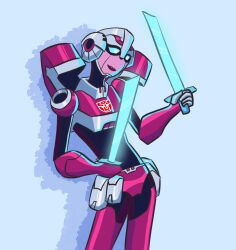 Rule 34 | 1girl, alien, arcee, armor, autobot, blue eyes, energy sword, humanoid robot, laqueusaxolotl, panties, pink lips, pink panties, robot, simple background, smile, solo, sword, transformers, transformers animated, underwear, weapon, white background