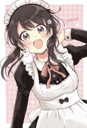 Rule 34 | 1girl, :d, animal, animal on shoulder, apron, black dress, black hair, blush, bow, breasts, brown eyes, collared dress, commentary request, dress, frilled apron, frills, hand up, highres, juliet sleeves, long hair, long sleeves, low twintails, maid, maid apron, maid headdress, miyasato haruka, open mouth, pink background, plaid, plaid background, puffy sleeves, rabbit, red bow, sakura oriko, small breasts, smile, solo, swing!!, twintails, two-tone background, upper body, white apron, white background