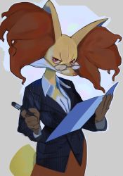 Rule 34 | 1girl, :t, absurdres, animal ear fluff, animal ears, animal hands, animal nose, black jacket, blue outline, body fur, book, breasts, brown fur, claws, cleavage, closed mouth, collared shirt, creatures (company), delphox, female focus, fox ears, fox girl, fox tail, furry, furry female, game freak, gen 6 pokemon, glasses, grey-framed eyewear, hands up, highres, holding, holding book, holding pen, jacket, large breasts, long sleeves, looking at viewer, looking over eyewear, multicolored fur, nintendo, open book, outline, pen, pencil skirt, pinstripe pattern, pokemon, pokemon (creature), red eyes, red skirt, shirt, simple background, sketch, skirt, snout, solo, striped, tail, two-tone background, v-shaped eyebrows, white fur, white shirt, yellow fur, zippppiz