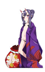 Rule 34 | 1girl, aged down, alternate hairstyle, closed mouth, denden taiko, fate/grand order, fate (series), flat chest, highres, horns, japanese clothes, kimono, looking at viewer, navel, oni, pointy ears, purple eyes, purple hair, short hair, shuten douji (fate), shuten douji (first ascension) (fate), skin-covered horns, smile, solo, standing, white background