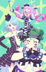 Rule 34 | &gt; o, 3girls, :d, \m/, arms up, bare shoulders, beret, black dress, black gloves, black shirt, blue hair, bow, bracelet, braid, breasts, closed eyes, closed mouth, dress, earrings, elbow gloves, facial mark, facing viewer, fat, glasses, gloves, green background, green hair, hair bow, hair over one eye, hand on own hip, hand up, hat, highres, hojo cosmo, holding, holding paintbrush, idol clothes, jewelry, kiki ajimi, ku (residual666), large breasts, long hair, looking at viewer, multiple girls, nabeshima chanko, navel, necklace, ok sign, one eye closed, open mouth, own hands together, paintbrush, pink-framed eyewear, pink hair, polka dot, polka dot bow, pretty series, pripara, purple eyes, shirt, short hair, smile, sparkle, spiked bracelet, spikes, standing, twin braids, v-shaped eyebrows, wrist cuffs