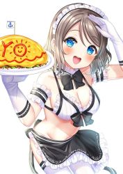 Rule 34 | 1girl, :d, apron, arm up, armband, bikini, bikini top only, black apron, black bow, black neckwear, blue eyes, blush, bow, breasts, choker, cleavage, collarbone, food, frilled armband, frilled bikini, frilled bikini top, frilled choker, frills, gloves, grey hair, highres, looking at viewer, love live!, love live! sunshine!!, maid, maid headdress, medium breasts, mizukoshi (marumi), omelet, omurice, open mouth, plate, salute, short hair, simple background, smile, solo, swimsuit, teeth, thighhighs, upper teeth only, watanabe you, white background, white gloves, white thighhighs