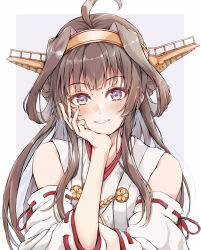 Rule 34 | 1girl, ahoge, bare shoulders, blush, brown hair, commentary request, dairyo3, detached sleeves, double bun, duplicate, fingernails, grin, hair bun, hand on own cheek, hand on own face, highres, japanese clothes, kantai collection, kongou (kancolle), kongou kai ni (kancolle), long hair, looking at viewer, nontraditional miko, pixel-perfect duplicate, purple eyes, ribbon-trimmed sleeves, ribbon trim, sidelocks, smile, solo, upper body, white sleeves, wide sleeves