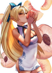 Rule 34 | 1girl, arenoyoni, bad id, bad pixiv id, blonde hair, breasts, china dress, chinese clothes, cleavage, cleavage cutout, clothing cutout, cowboy shot, dark-skinned female, dark skin, dress, eating, food, fruit, gluteal fold, highres, holding, holding food, hololive, long hair, looking at viewer, nail polish, open mouth, orange nails, peach, peach slice, pointy ears, ponytail, red eyes, shiranui flare, simple background, solo, thighhighs, virtual youtuber, white background, white thighhighs, zettai ryouiki
