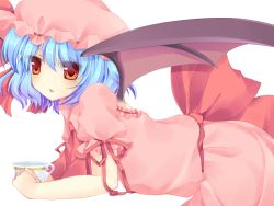 Rule 34 | 1girl, bat wings, bent over, blue hair, cup, dress, female focus, hat, kujou mikuru, open mouth, red eyes, remilia scarlet, solo, teacup, touhou, transparent background, wings