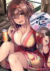 Rule 34 | 1girl, absurdres, bikini tan, blush, breasts, brown eyes, brown hair, can, cleavage, collarbone, floral print, hair between eyes, hairband, hand fan, highres, holding, holding fan, indoors, japanese clothes, jewelry, kantai collection, kimono, kimono pull, kuromayu, large breasts, leaf print, looking at viewer, one eye closed, open mouth, paper fan, red hairband, ring, sash, shiratsuyu (kancolle), sitting, solo, tan, tanline, wedding ring, wide sleeves, wooden floor