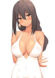 Rule 34 | 1girl, arms behind back, azur lane, b-ginga, bad id, bad twitter id, bare shoulders, black hair, blush, breasts, brown eyes, cleavage, closed mouth, collarbone, covered navel, dark-skinned female, dark skin, dress, earrings, feather earrings, feathers, hair between eyes, head tilt, jewelry, large breasts, light smile, long hair, looking at viewer, simple background, solo, south dakota (azur lane), south dakota (solo concert) (azur lane), upper body, white background, white dress