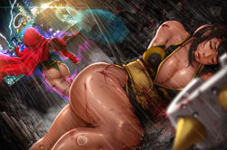 Rule 34 | 2girls, alternate costume, artist name, ass, bare shoulders, blonde hair, blood, blurry, bracelet, braid, breasts, cammy white, capcom, chun-li, city, cityscape, cleavage, closed eyes, defeat, depth of field, dress, dutch angle, fingerless gloves, gloves, green legwear, hood, injury, jewelry, large breasts, lens flare, leotard, lightning, long hair, magion02, multiple girls, official alternate costume, on ground, parted lips, rain, red gloves, red hood, red lips, shiny skin, signature, spiked bracelet, spikes, street fighter, street fighter v, thighs, thong leotard, throwing, twin braids, unconscious, walking