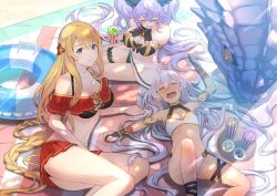 Rule 34 | &gt; &lt;, 3girls, :d, athena (granblue fantasy), bare shoulders, beach, blanket, blonde hair, blush, braid, breasts, bridal garter, cleavage, closed eyes, collarbone, commentary request, day, dragon, drink, drinking, drinking straw, fang, gloves, granblue fantasy, hair between eyes, hair spread out, highres, ice, ice cube, innertube, kakage, large breasts, leg strap, light purple hair, long hair, looking at viewer, lying, medium breasts, medusa (shingeki no bahamut), multiple girls, nose blush, on back, open mouth, outdoors, partially fingerless gloves, pointy ears, purple eyes, red skirt, satyr (granblue fantasy), shade, sitting, skirt, small breasts, smile, snake hair, swim ring, thigh strap, tray, twintails, very long hair, x x, yokozuwari