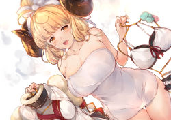 Rule 34 | 1girl, anila (granblue fantasy), antenna hair, bare shoulders, bikini, blonde hair, blunt bangs, blush, breasts, cleavage, clothes hanger, collarbone, commentary request, cowboy shot, draph, dutch angle, granblue fantasy, groin, highres, horns, large breasts, long hair, looking at viewer, mayusaki yuu, naked towel, open mouth, sheep horns, short eyebrows, simple background, smile, solo, steam, swimsuit, thick eyebrows, towel, towel on head, white background, yellow eyes