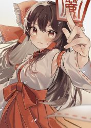 Rule 34 | 1girl, alternate costume, armpit crease, bare shoulders, between fingers, blush, bow, brown eyes, brown hair, closed mouth, commentary request, eyelashes, fingernails, frilled bow, frills, hair bow, hair tubes, hakama, hakama skirt, hakurei reimu, highres, holding, japanese clothes, long hair, looking at viewer, miko, nervous sweating, ofuda, ofuda between fingers, red bow, red hakama, ribbon-trimmed sleeves, ribbon trim, sidelocks, simple background, skirt, solo, standing, sweat, sweatdrop, tamagogayu1998, touhou, white background, wide sleeves