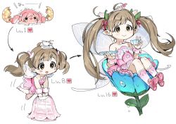 Rule 34 | 1girl, ahoge, blush, bow, bowtie, brown eyes, chibi, cup, dot nose, dress, egg, evolution, fairy, fairy wings, flower, flying, full body, hair bow, hair flower, hair ornament, hakozaki serika, idolmaster, idolmaster million live!, no nose, on flower, pink dress, pink footwear, pink neckwear, pointy ears, sitting, smile, spawnfoxy, teacup, twintails, white background, wings, wrist cuffs