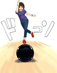 Rule 34 | 1girl, :d, arm up, ayase fuuka, ball, black eyes, black hair, bob cut, bowling, breasts, clenched hand, crossed legs, denim, eyebrows, full body, happy, jeans, leg lift, looking at viewer, open mouth, outstretched arm, pants, shadow, shirt, shoes, short hair, short sleeves, small breasts, smile, solo, standing, standing on one leg, t-shirt, thick eyebrows, throwing, watch, wristwatch, yotsubato!