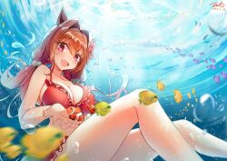 Rule 34 | 1girl, :d, animal ears, artist name, bare shoulders, bikini, breasts, brown hair, cleavage, clownfish, collarbone, commentary, daiwa scarlet (trifle vacation) (umamusume), daiwa scarlet (umamusume), dated, fang, fish, fritz614, hair intakes, highres, horse ears, horse girl, large breasts, long hair, looking at viewer, official alternate costume, open mouth, red bikini, signature, skin fang, smile, solo, swimsuit, twintails, umamusume, underwater, very long hair