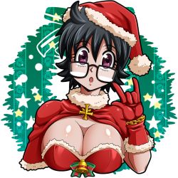 Rule 34 | 1girl, :o, black hair, breasts, chain, christmas, cleavage, female focus, glasses, hat, highres, hoimin (anchangdeath), hunter x hunter, large breasts, looking at viewer, medium hair, open mouth, purple eyes, santa hat, shizuku murasaki, simple background, solo, tagme, white background