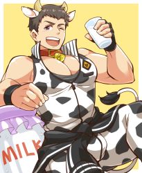 Rule 34 | 1boy, alternate costume, animal ears, animal print, aopanda, bara, bare shoulders, bulge, chinese zodiac, clothes around waist, cow boy, cow ears, cow horns, cow print, cup, feet out of frame, happy new year, holding, holding cup, horns, idolmaster, idolmaster side-m, jacket, jacket around waist, kemonomimi mode, large pectorals, pectoral cleavage, male focus, milk, muscular, muscular male, new year, one eye closed, pants, pectorals, shingen seiji, short hair, sidepec, smile, solo, spread legs, thick thighs, thighs, white pants, year of the ox