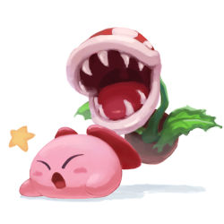 Rule 34 | commentary request, closed eyes, kirby, kirby (series), na (oagenosuke), nintendo, no humans, open mouth, piranha plant, simple background, star (symbol), white background