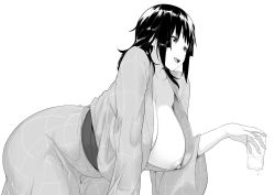 Rule 34 | 1girl, black hair, breasts, cleavage, collarbone, curvy, glass, greyscale, hakai shin, happy, highres, huge breasts, japanese clothes, long sleeves, medium hair, monochrome, nipples, no bra, open mouth, original, smile, solo, thighs, white background, wide sleeves