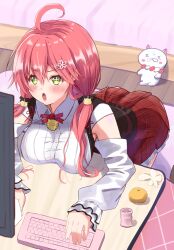 Rule 34 | 1girl, 35p (sakura miko), absurdres, ahoge, blush, breast rest, breasts, breasts on table, collared shirt, detached sleeves, fugi (nyanpasu axela), green eyes, highres, hololive, keyboard (computer), large breasts, long hair, low twintails, monitor, official alternate costume, open mouth, pink hair, red skirt, sakura miko, sakura miko (casual), shirt, skirt, twintails, virtual youtuber, white shirt, white sleeves
