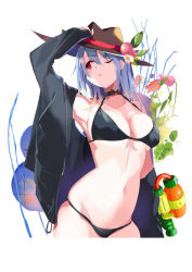 Rule 34 | 1girl, arm up, armpits, artistic error, bare shoulders, bikini, black bikini, black choker, black jacket, blue hair, breasts, brown hat, choker, collarbone, commentary request, cowboy shot, fedora, flower, food, fruit, groin, hair between eyes, halterneck, hat, highres, hinanawi tenshi, jacket, leaf, long hair, long sleeves, looking up, medium breasts, navel, off shoulder, one eye closed, open clothes, open jacket, parted lips, peach, pink flower, red eyes, red flower, revision, simple background, skindentation, solo, standing, stomach, swimsuit, tetsurou (fe+), thighs, touhou, tulip, white background