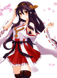 Rule 34 | 10s, 1girl, bare shoulders, black hair, black thighhighs, blush, boots, breasts, detached sleeves, hair ornament, hairband, hairclip, haruna (kancolle), japanese clothes, kantai collection, long hair, megumi ryouko, nontraditional miko, personification, petals, skirt, smile, solo, thigh boots, thighhighs