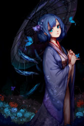 Rule 34 | 1girl, alternate costume, blue eyes, blue hair, bug, butterfly, butterfly on hand, cirno, darkness, floral print, flower, hair flower, hair ornament, highres, hydrangea, ice, ice wings, bug, japanese clothes, kimono, kiyomasa ren, looking at viewer, matching hair/eyes, oil-paper umbrella, smile, solo, spider lily, standing, touhou, umbrella, wide sleeves, wings